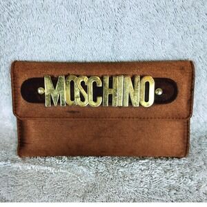 Vintage Moschino Satin Logo Plaque Tri-Fold Wallet Womens Brown Bronze 90s